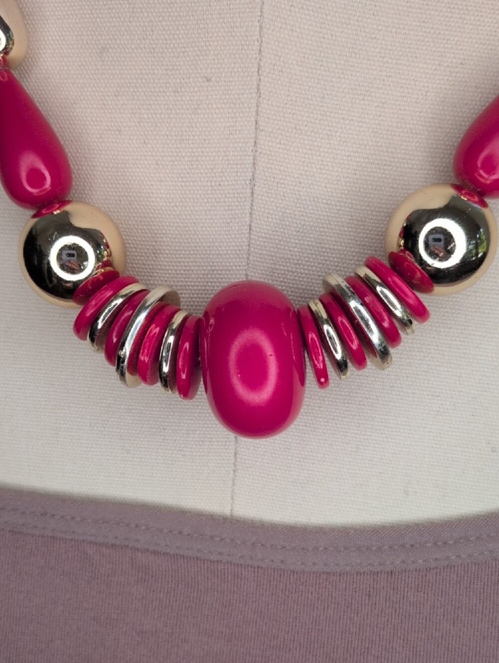 Bold Red Plastic Beaded Statement Necklace - Lightweight